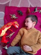 dziecko leży na dywanie z zabawkami dinozaurami