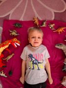 dziecko leży na dywanie z zabawkami dinozaurami